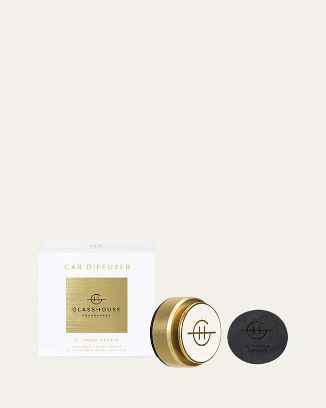 Golden Car Diffuser with A Tahaa Affair Replacement Scent Disk